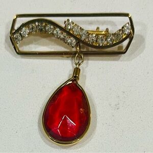 Art Nouveau Gold-Tone Red Drop Brooch With Rhinestones—RARE FIND—Circa 1890s